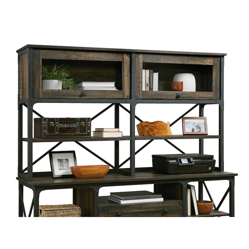Wood Hutch with Glass Doors and Adjustable Shelves, Brown - 66.14" W x 14.06" D x 38.50" H