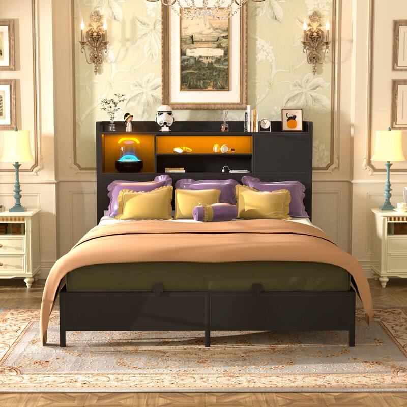 Platform Bed Frame with Reversible Storage Bookcase Headboard and Charging Station and RGB LED Lights
