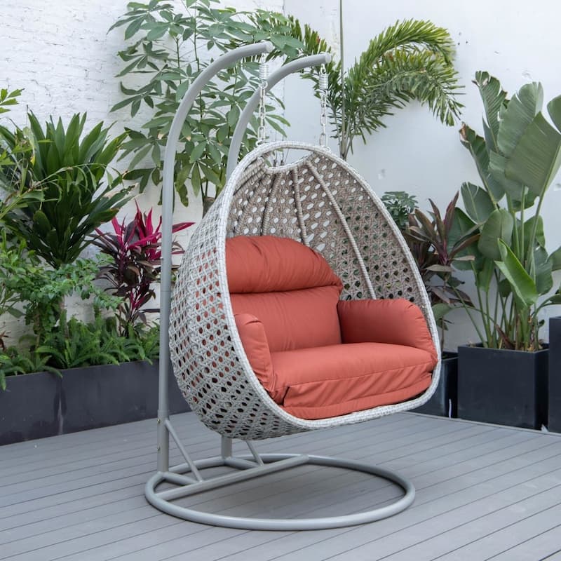 Mendoza Hanging Egg Chair with Stand 2-Person Outdoor Patio Swing - Handcrafted All-Weather Wicker & UV-Resistant Cushions