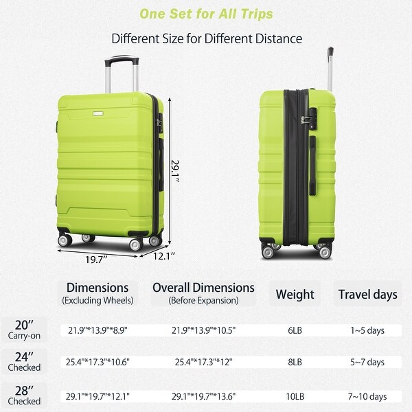 Lime green 3 piece Sets Side HooksHard Case Luggage with TSA Lock