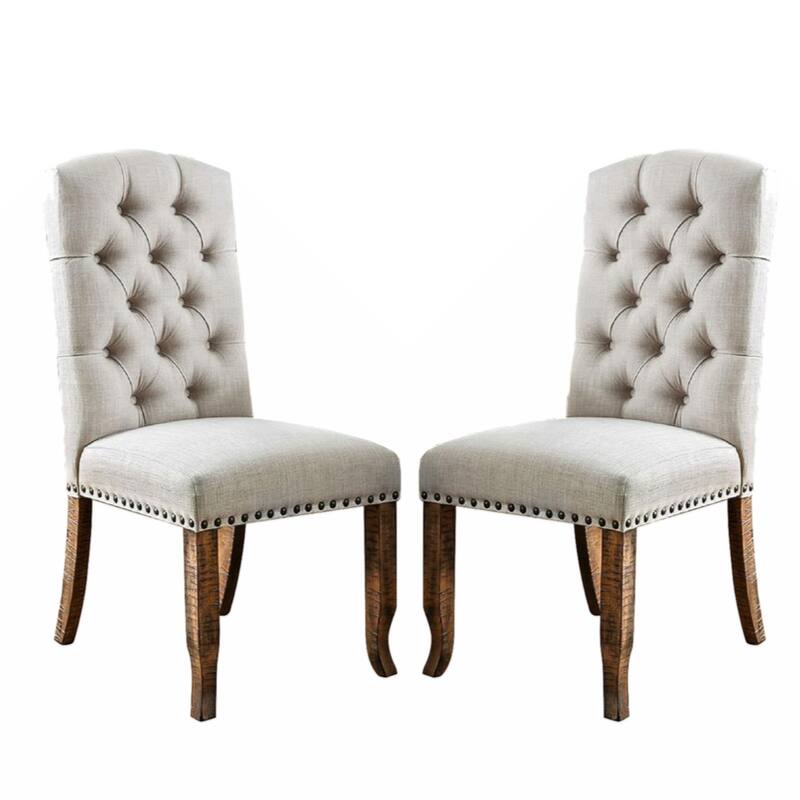Set of 2 Ivory Fabric Upholstered Dining Chairs in Rustic Oak Finish - Ivory