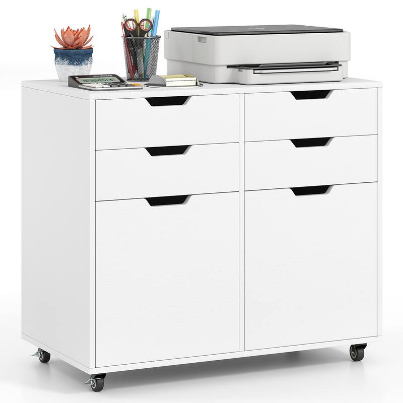 White MDF Mobile File Cabinet with 4 Drawers, Lockable Wheels and Soft-Close Doors