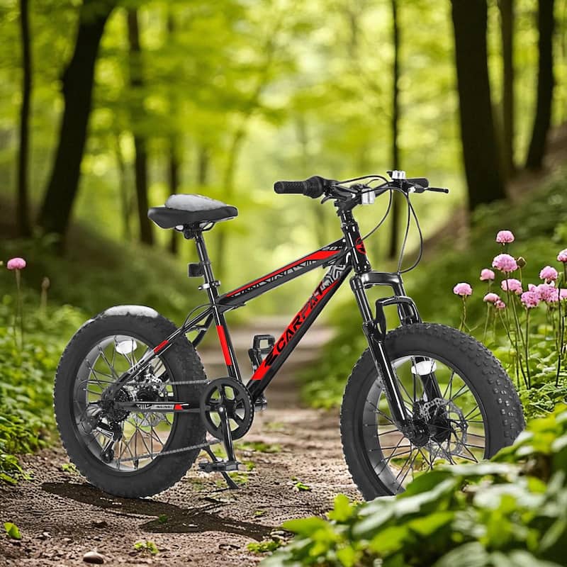 20 Inch Kids Mountain Bike for Boys & Girls Ages 8-14, 7-Speed Carbon Steel Frame, Wide Tires, Disc Brakes, Suspension