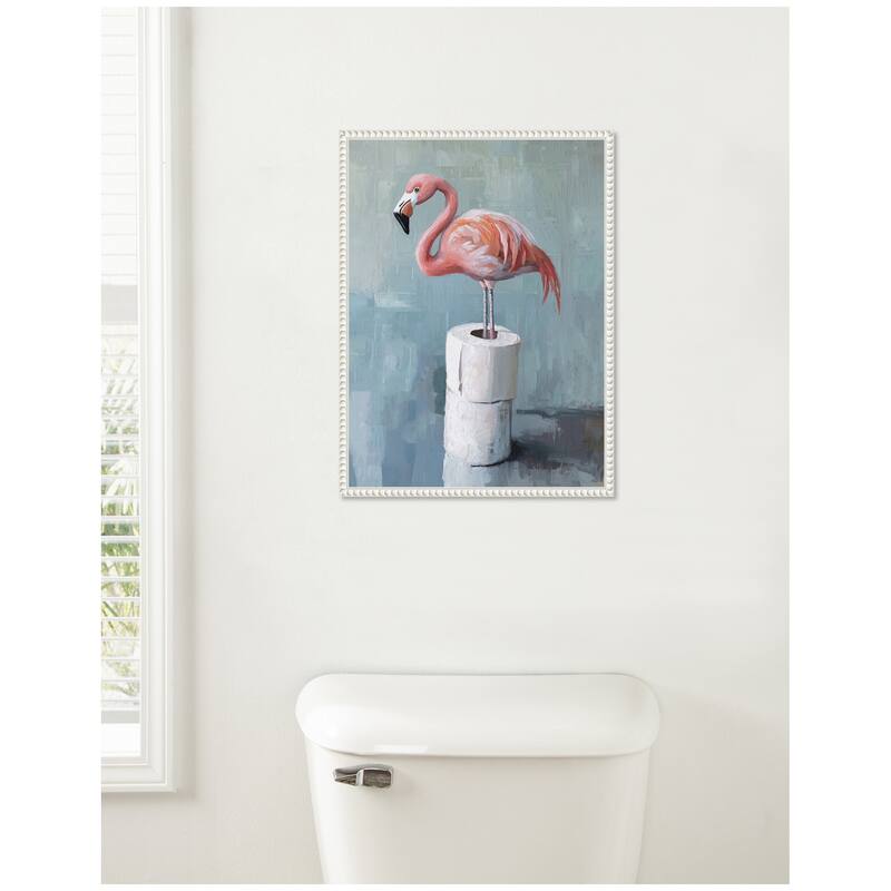 Kate and Laurel Sylvie Flamingo Standing with Toilet Paper Rolls Bathroom Art Framed Canvas by The Creative Bunch Studio