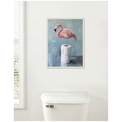 Kate and Laurel Sylvie Flamingo Standing with Toilet Paper Rolls Bathroom Art Framed Canvas by The Creative Bunch Studio