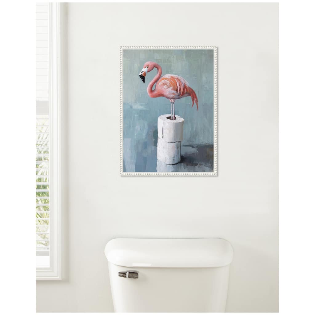 Kate and Laurel Sylvie Flamingo Standing with Toilet Paper Rolls Bathroom Art Framed Canvas by The Creative Bunch Studio