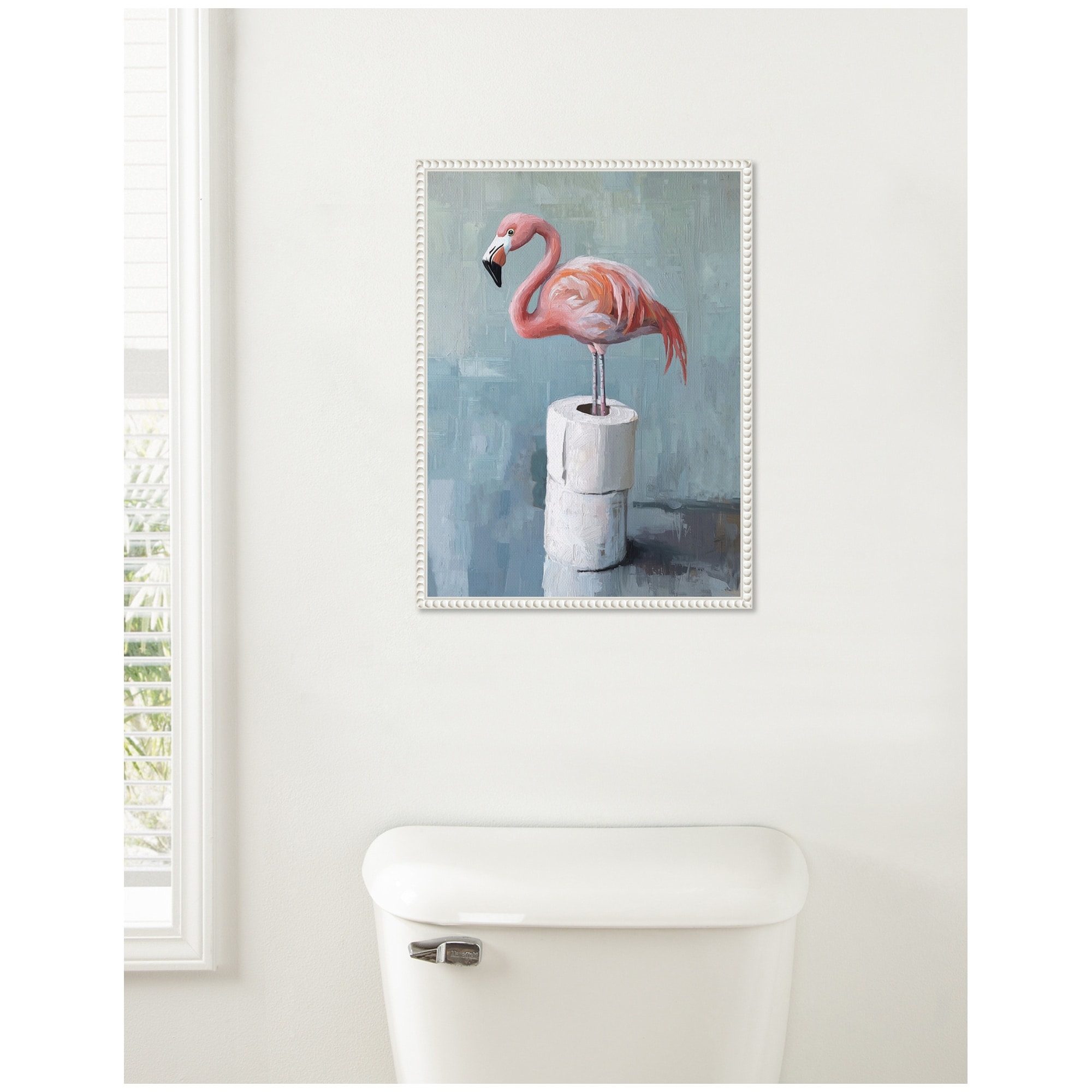 Kate and Laurel Sylvie Flamingo Standing with Toilet Paper Rolls Bathroom Art Framed Canvas by The Creative Bunch Studio