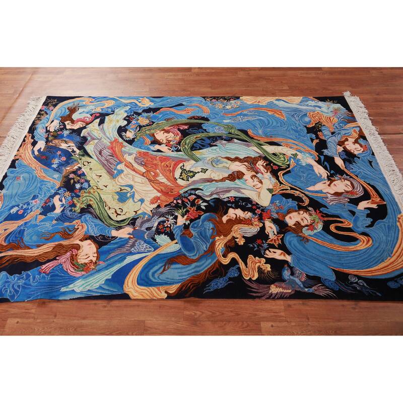 Hand Knotted Oriental Kork Wool Carpet Traditional All-Over Navy Blue & Blues Tabriz Area Rug - 6' 11'' X 4' 9''