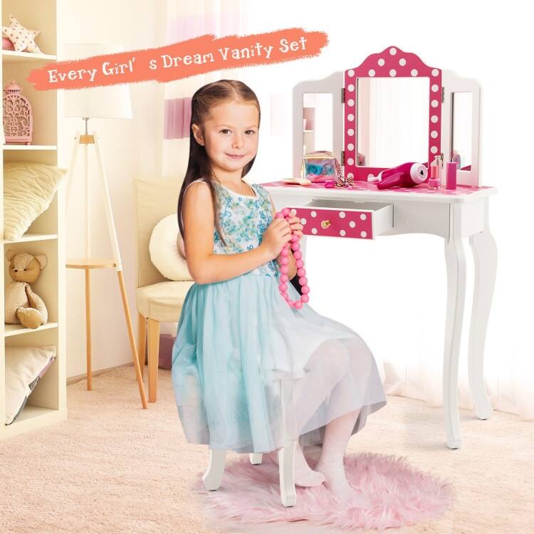 Kids Vanity Table and Stool Set with Cute Polka Dot Print-Pink - N/A