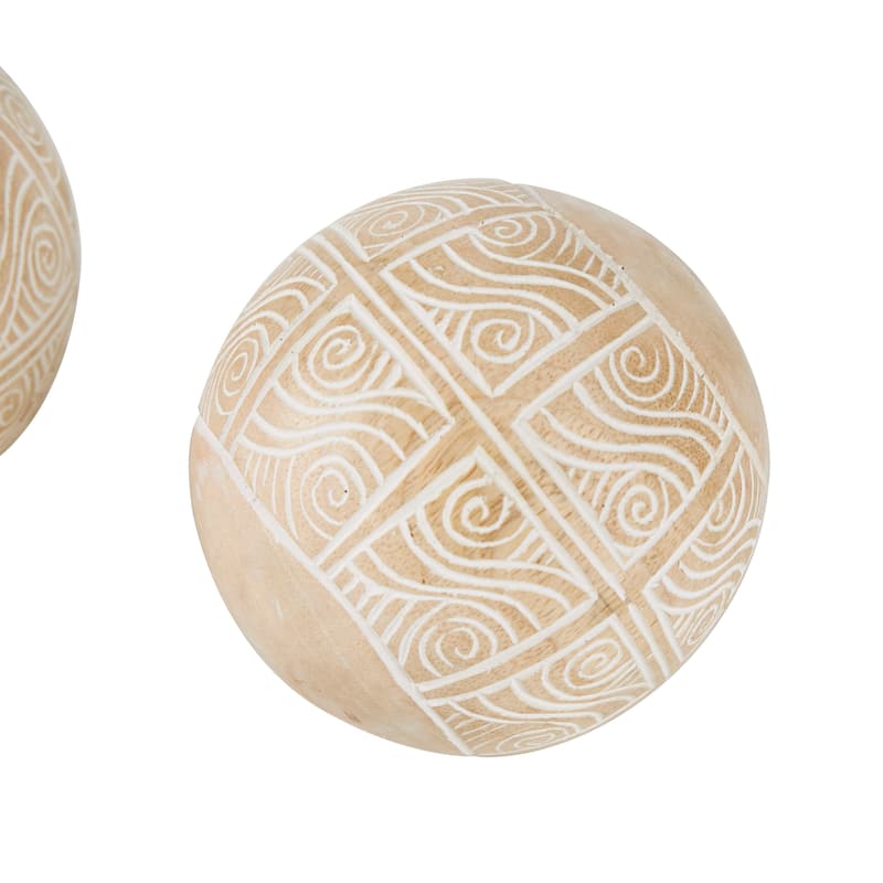 Cream Mango Wood Handmade Decorative Ball Orbs & Vase Filler with Carved Lines or Tribal Patterns (Set of 2)