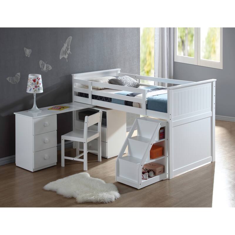 White Twin Loft Bed Set with Storage Desk & Drawers, Space-Saving Modern Design - White