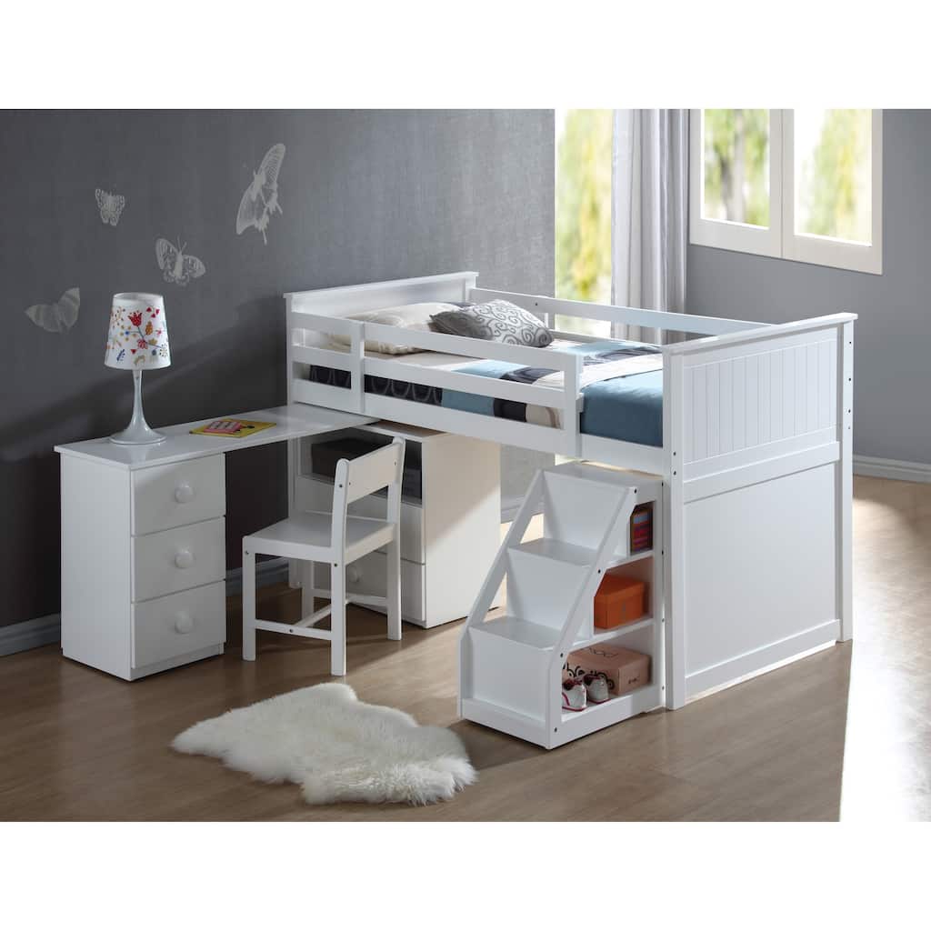 White Twin Loft Bed Set with Storage Desk & Drawers, Space-Saving Modern Design