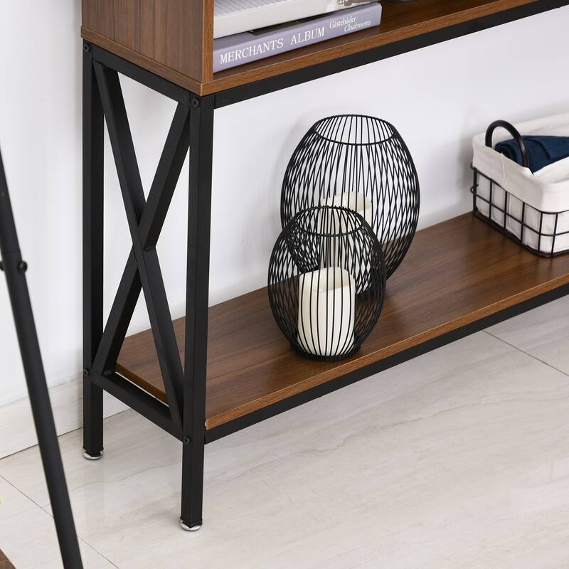 HOMCOM Industrial Style Entryway Console Table Desk with Shelf for Living Room, or Bedroom, Walnut Wood Grain