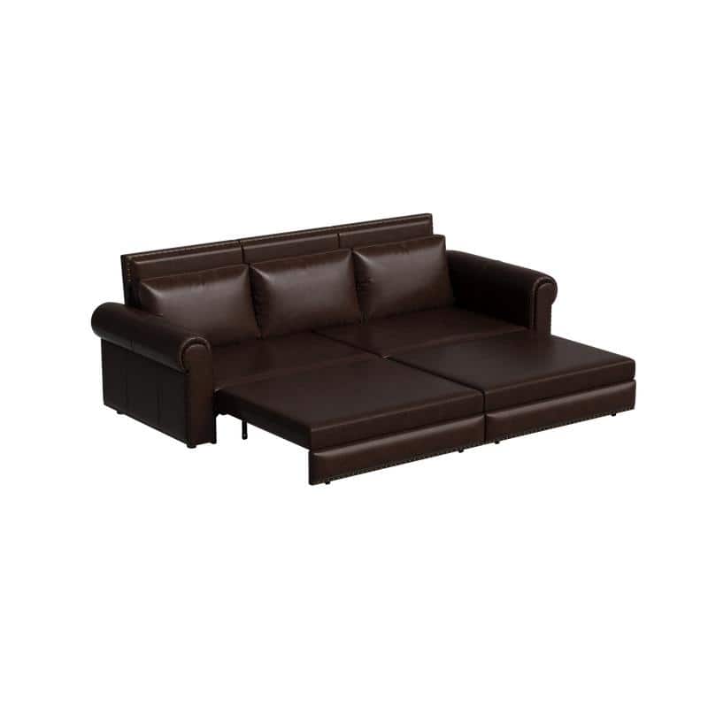 3-in-1 King Pull Out Sofa Bed Chesterfield Sofa, Velvet/Faux Leather Convertible Sleeper Sofa with Nailhead Trim & Rolled Arm