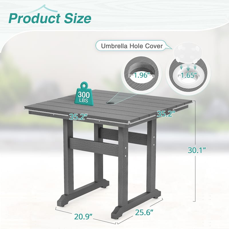 35.2-inch HDPS Outdoor Square Table With Umbrella Holes - 35.2" W x 35.2" L x 30.1" H