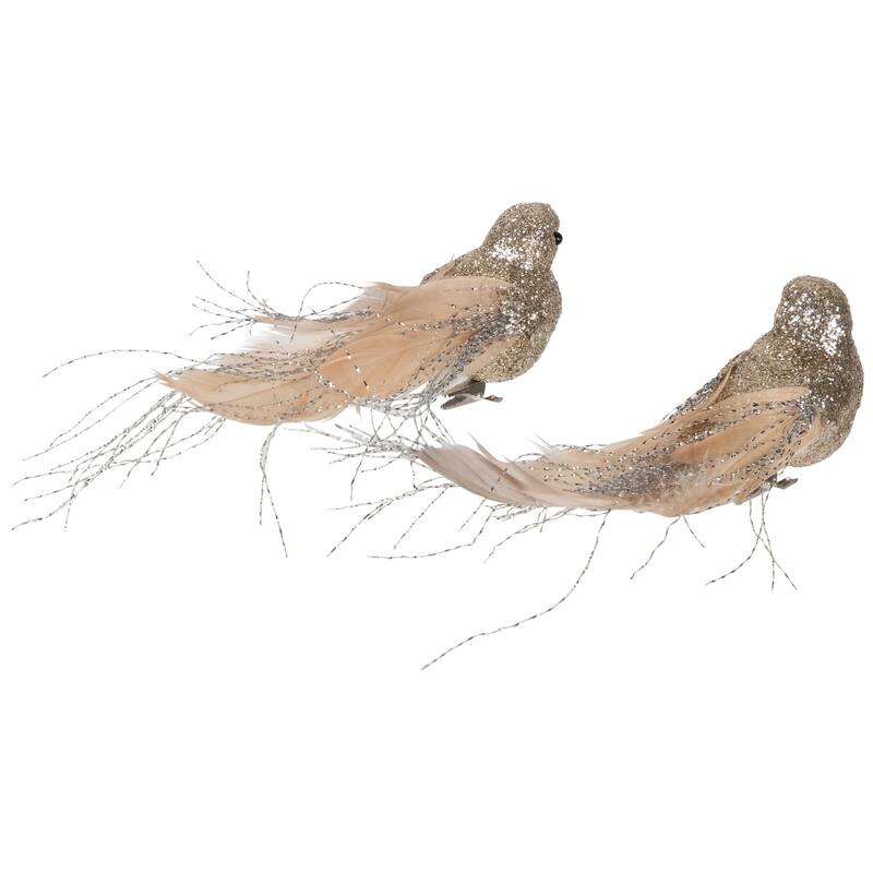 Glittered Birds Clip-On Christmas Ornaments - 7.5" - Gold - Set of 2
