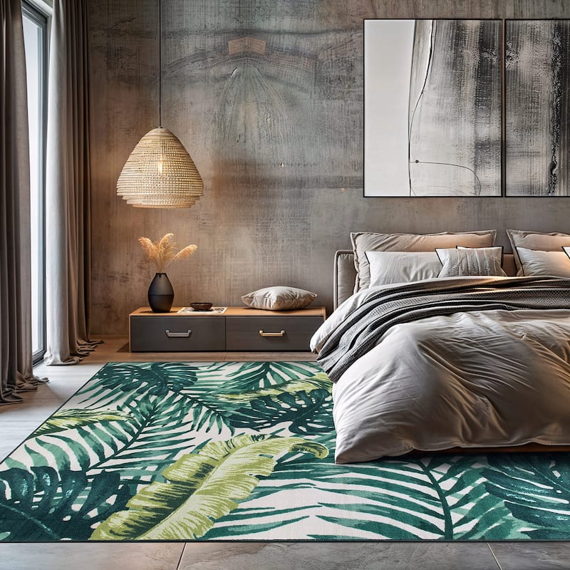 Contemporary Tropical Floral Leaves Non Slip Area Rug