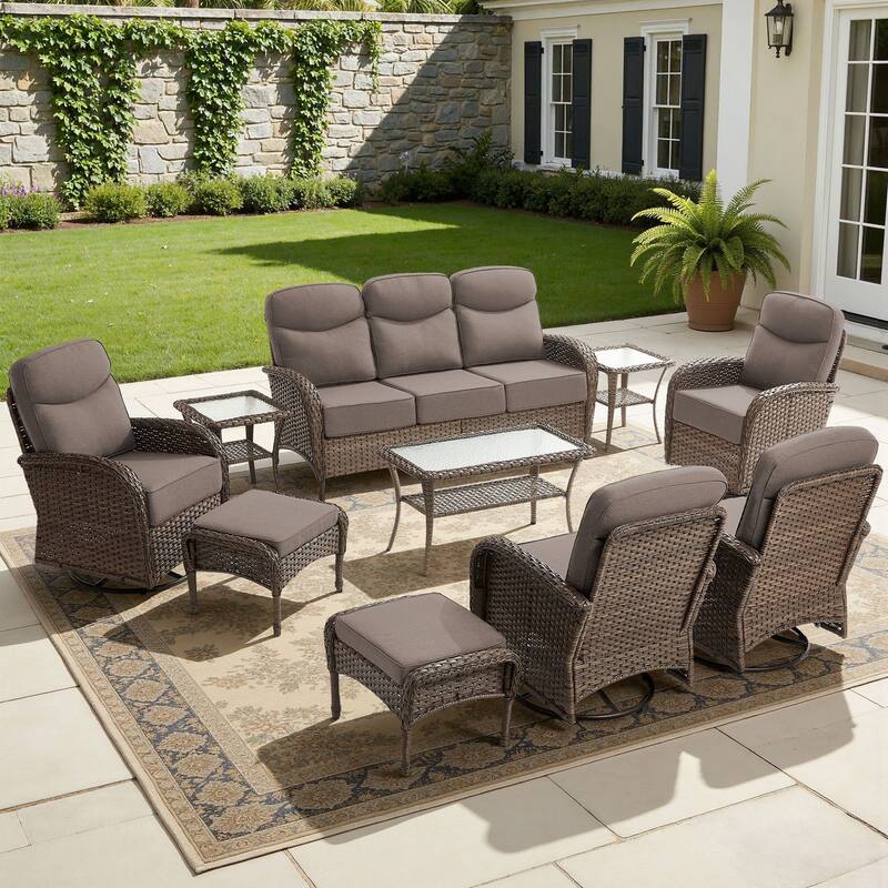 Luna 10-Piece Wicker Patio Conversation Set with Swivel Gliders and 6-Inch Thick Olefin Cushions - Gray Cushions - Brown Wicker