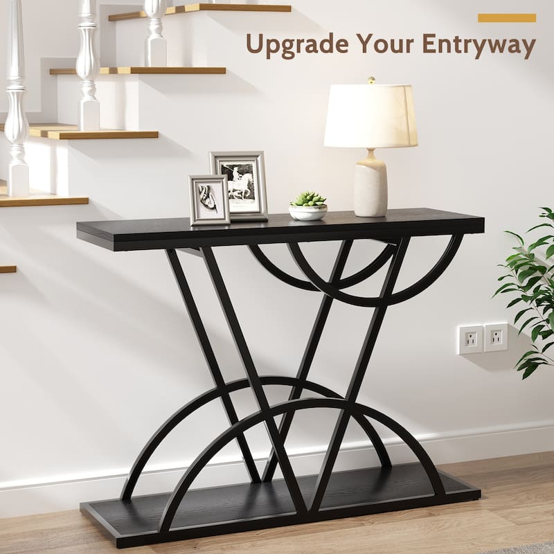 43" Console Table for Entryway, Industrial Entryway Table with Storage Shelf, Narrow Wood Sofa Table