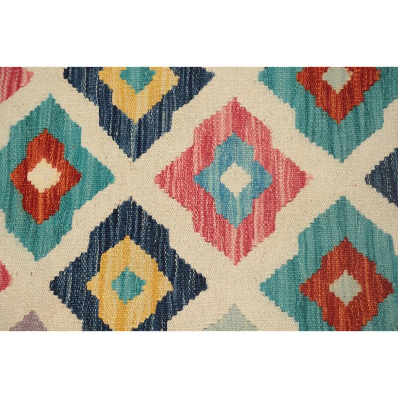 Hand Woven Oriental 100% Wool Carpet Southwestern Geometric Beige & Ivories Kilim Runner Rug - 9' 6'' X 2' 6''