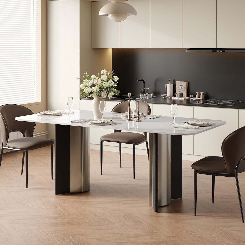 63" Modern Rectangular Dining Table for 4, White Glossy Sintered Stone Table Top,with double Stainless Steel Legs