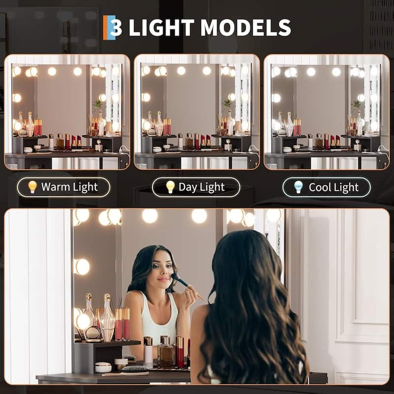 Corner Vanity Desk and Stool, Makeup Dressing Table Set with Light Bulbs Mirror