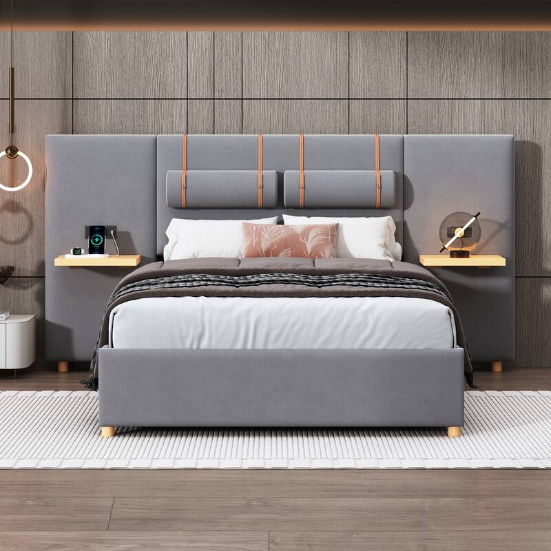 Upholstered Platform Bed with Pillows & USB Ports