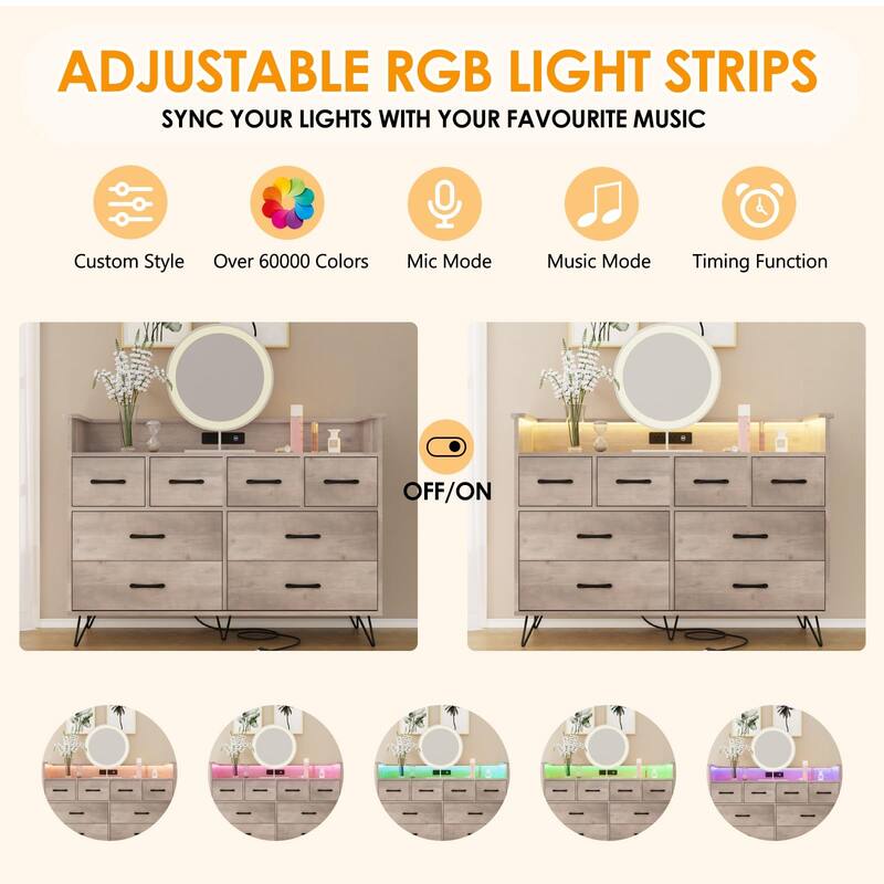 8 Drawer Dresser for Bedroom with LED Light, Charging Station & Open Shelf