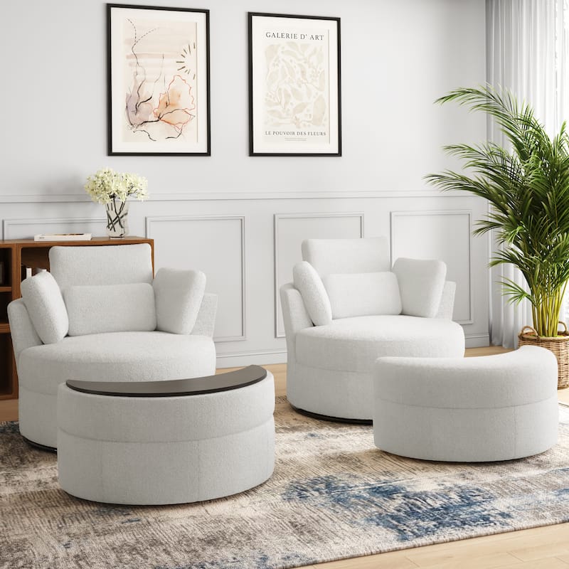 Upholstered Barrel Swivel Chairs with Moon Ottoman (Set of 2)