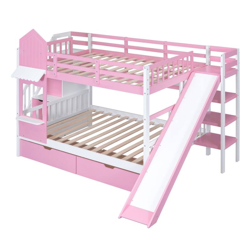 Full-Over-Full Castle Style Bunk Bed with 2 Drawers 3 Shelves and Slide