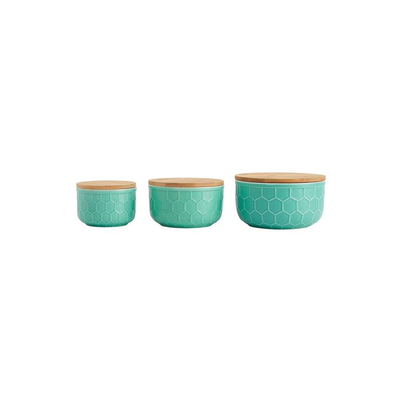 Set of 3 Round Mint Green Stoneware Bowls with Bamboo Lids