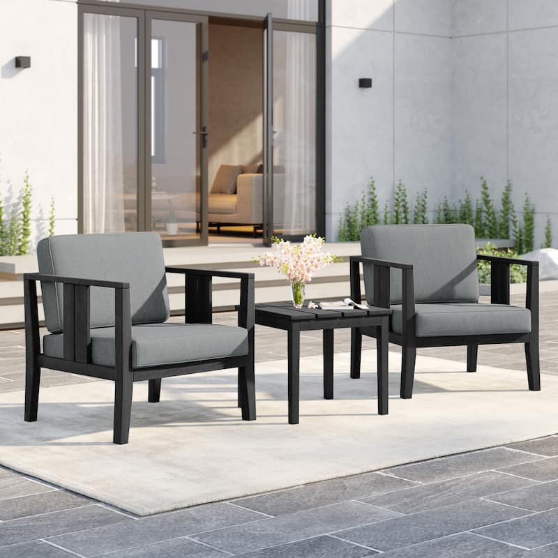 Uixe 3-piece Teak Solid Wood Outdoor Arm Chairs with Side Table Set - Black frame-Grey
