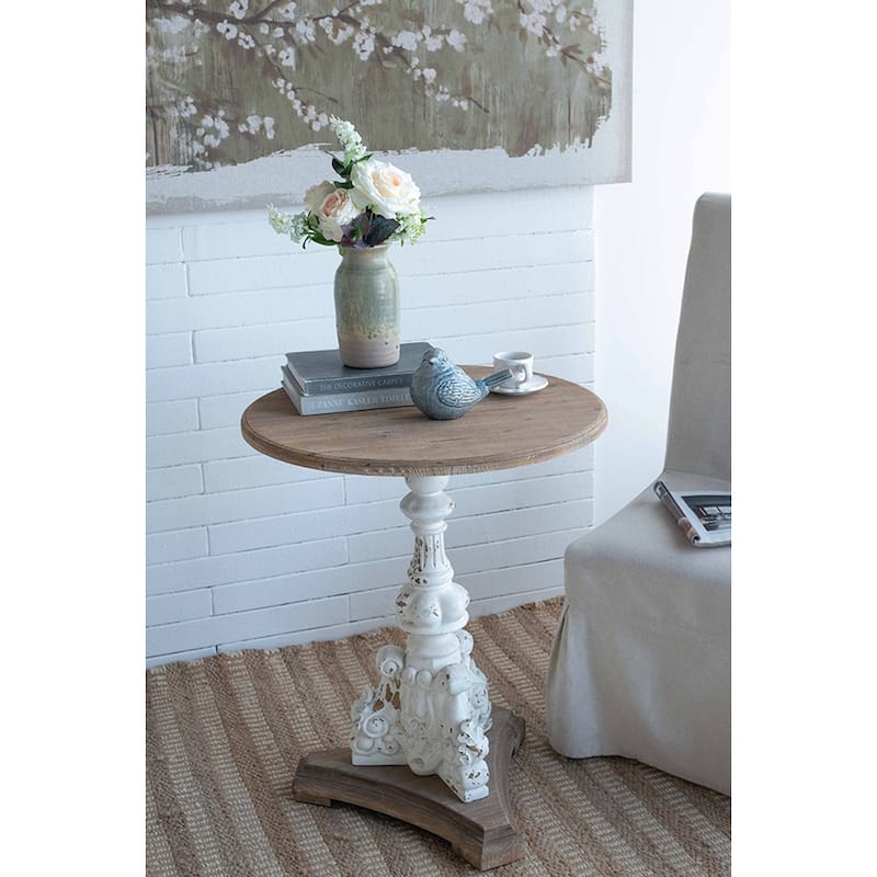 22.5" Round Wood Side Table with Carved Pedestal