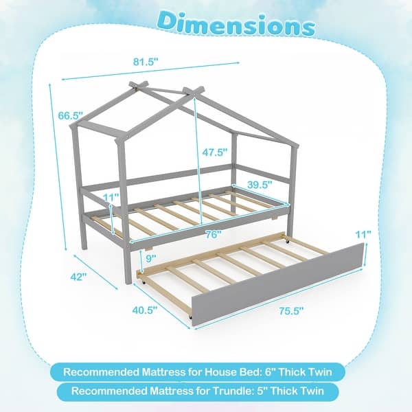 dimension image slide 1 of 2, Kids Twin Size House Bed with Trundle and Roof