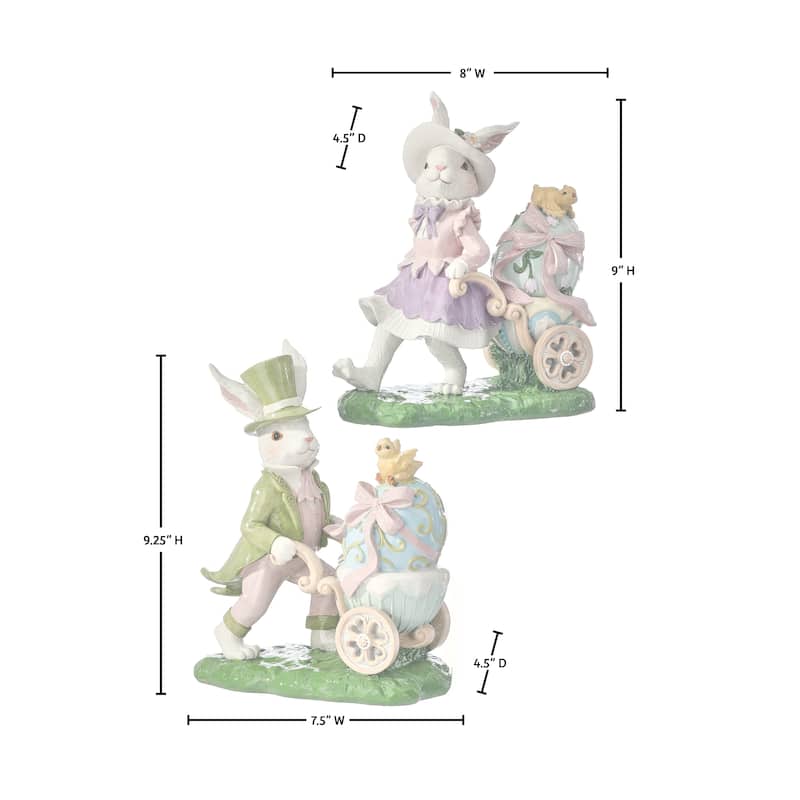 9" Resin Boy And Girl Bunny With Egg Cart Set of 2