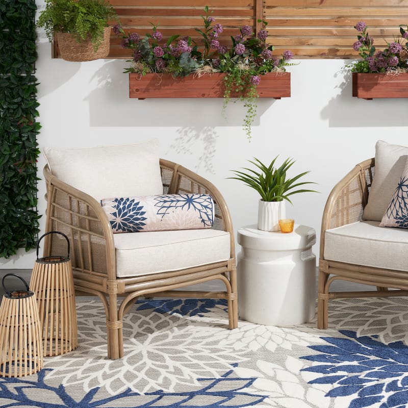 Mina Victory Aloha Tropical Floral Indoor Outdoor Throw Pillow - 6" x 20" - Ivory/Navy