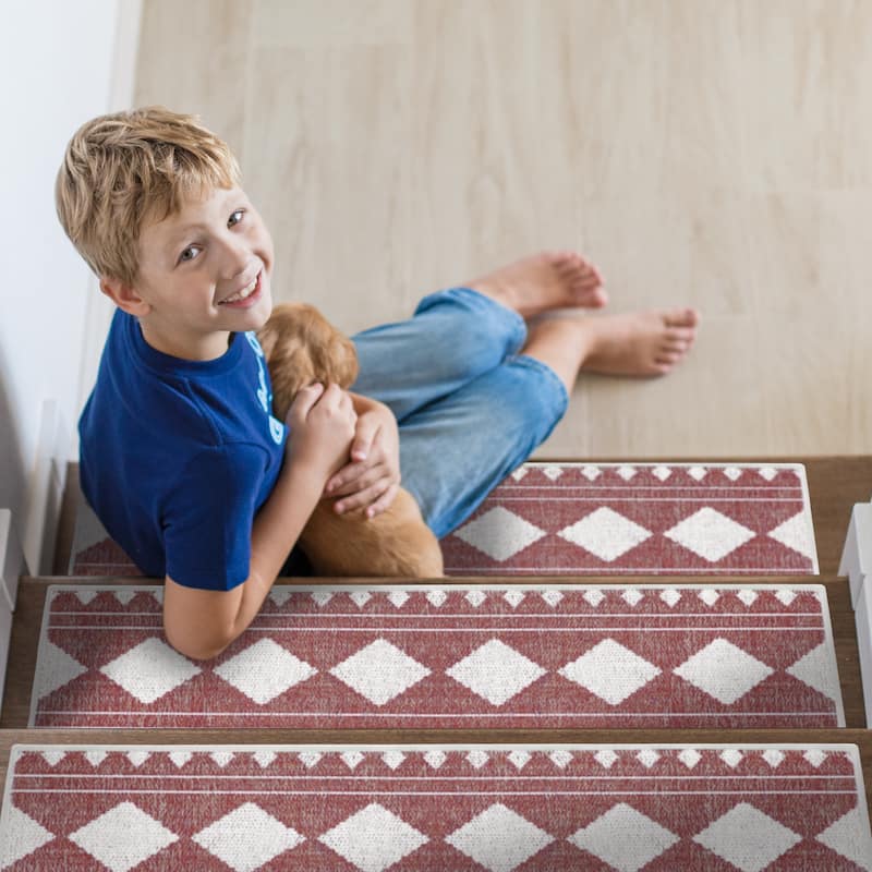 SussexHome Diamond Design 9" X 28" Stair Treads - 70% Cotton Anti-Slip Carpet Strips for Indoor Stairs-with Double Adhesive Tape - 13 PACK - Maroon