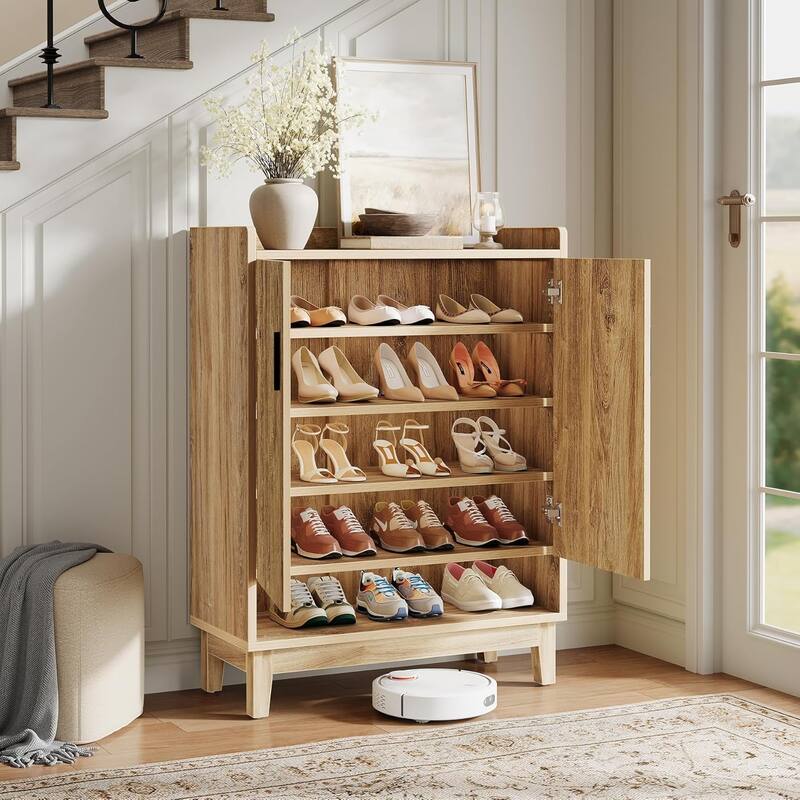 20-Pair Farmhouse Shoe Organizer Rack Storage Cabinet with Doors for Entryway Hallway Closet, Natural