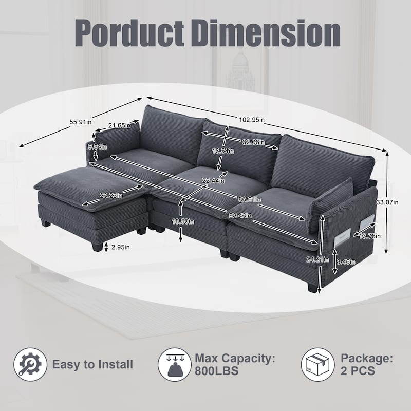 Oversized Modular Sectional Sofa with Ottoman, 102 Inch 4 Seat Corduroy L Shaped Couch for Living Room