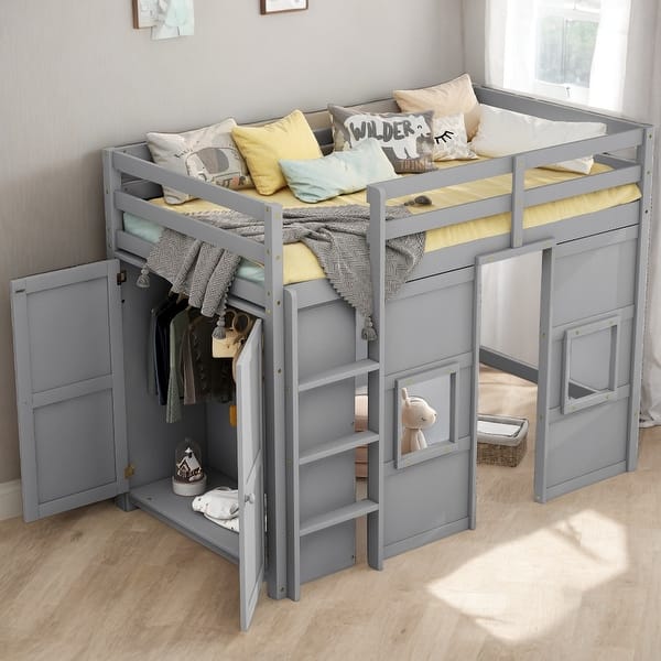 slide 2 of 23, Twin Size Loft Kids Bed with Built-in Storage Wardrobe and 2-Windows, Grey Grey