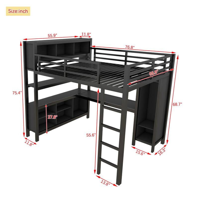 Full Size Metal Loft Bed Frame with Storage Wardrobe, L-Shaped Desk
