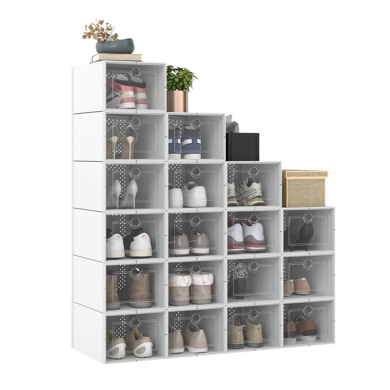 Moasis Shoe Organizer Box, 18/24 PCS Medium/ Large Shoe Storage Stackable Shoe Box Rack Containers Drawers - 18PSC-Medium-White