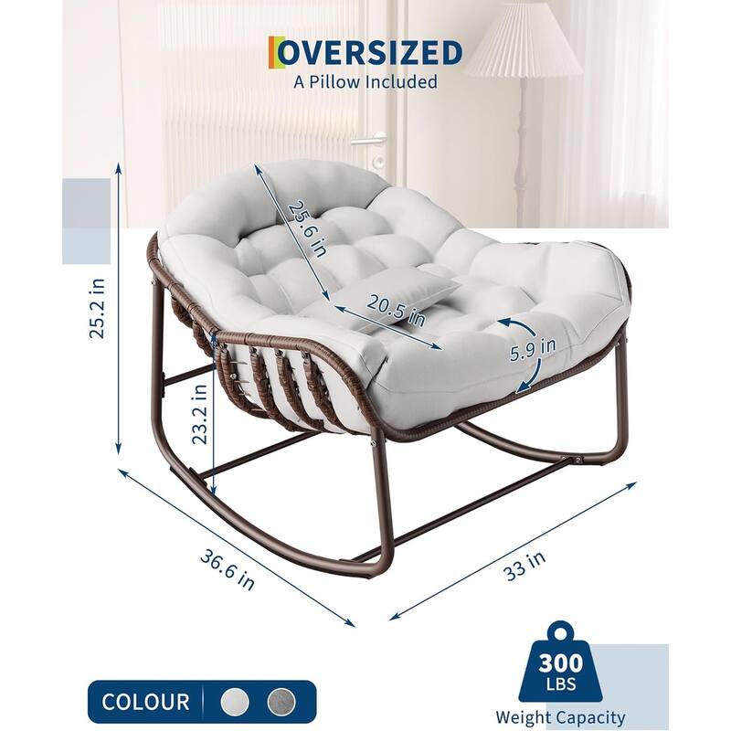 Patio Rocking Chair, Oversized Wicker Lounge Chair with Cushion,Patio Rattan Egg Rocker for Backyard