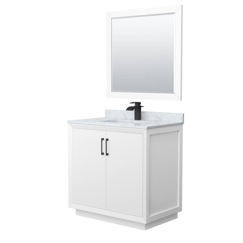 Strada 36-Inch Single Vanity Set, Carrara Marble Top, 34-Inch Mirror - White, Black Trim, Carrara Marble Top