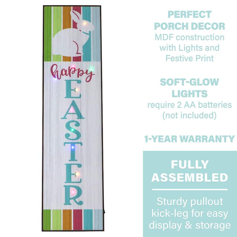 Fraser Hill Farm 45-In. HAPPY EASTER Porch Leaner Sign w/Battery-Operated LED Lights, Festive Spring Decoration, Multi Stripes