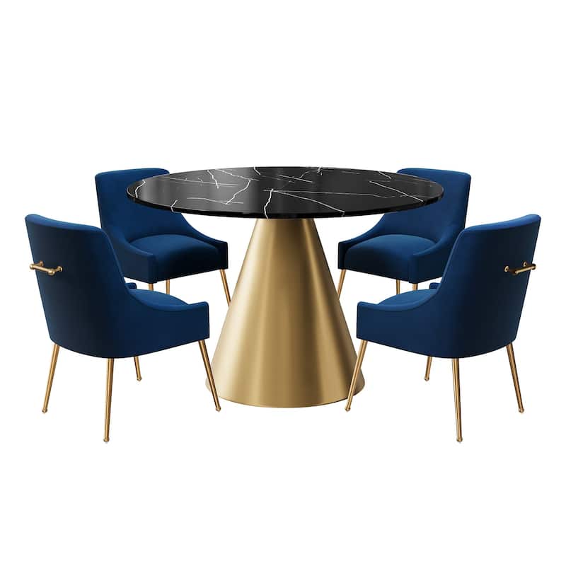 48" Marble Top Metal Dining Table with Velvet Dining Chair Set