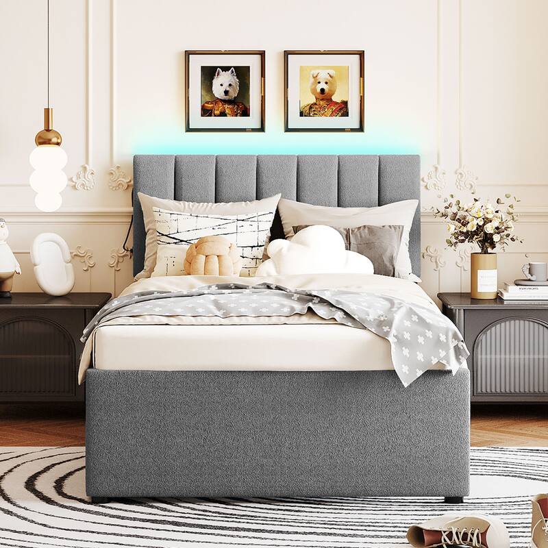 Cozy Twin Upholstered Platform Bed with LED Lights, Stripe Headboard, and Trundle for Extra Sleeping Space