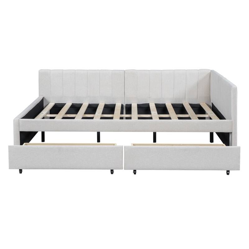 Full Size Upholstered Daybed with 2 Storage Drawers Sofa Bed Frame No Box Spring Needed, Linen Fabric