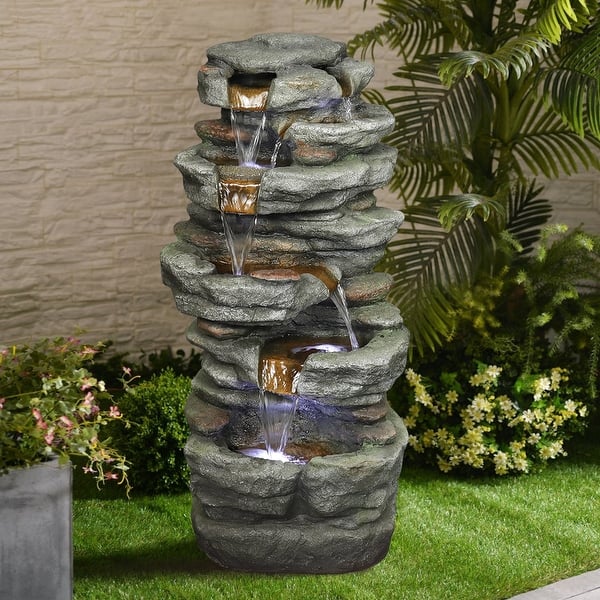 6-Tier Outdoor Waterfall Water Fountain w/LED Lights for Garden Patio ...