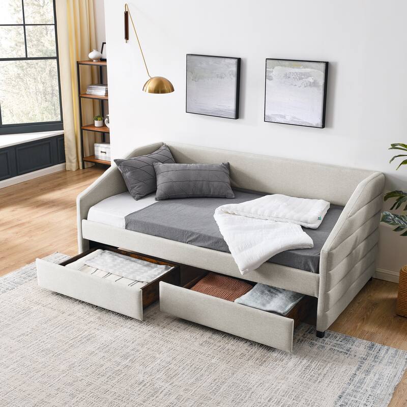Queen Size Daybed with Two Drawers Trundle Upholstered Tufted Sofa Bed, Linen Fabric